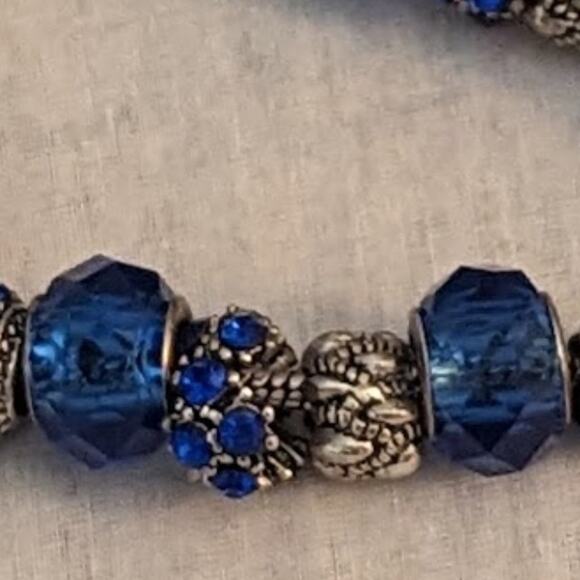Charm Bracelet With Blue Crystal Beads in Silver Tone Metal with Safety Chain - Picture 3 of 13